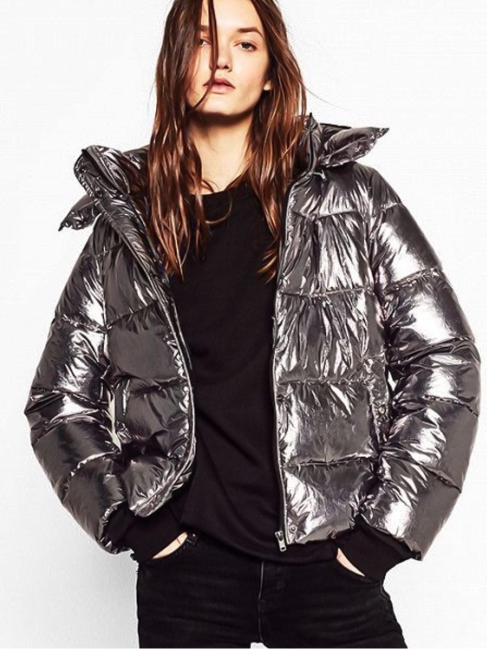 Zara Silver Metallic Hooded Puffer Coat
